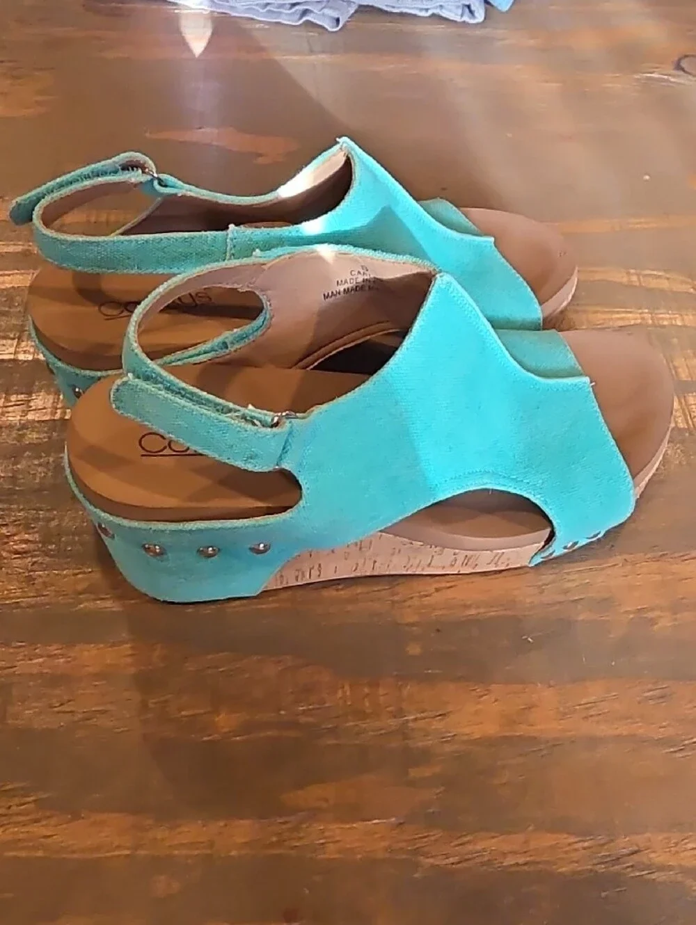 Corkys Turquoise Canvas Slingback Wedge Sandals